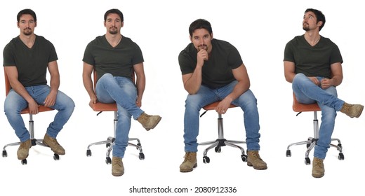 Front View Of Same Man Sitting On A Chair In Various Poses On White Background