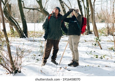 Front View Of A Senior Couple In A Snowy Forest For Bird Watching