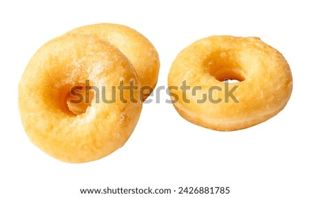 Front view set of three delicious Cinnamon Sugar Mini Donuts is isolated on white background with clipping path. Donuts with sugar sprinkle