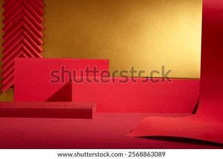 The front view shows some empty red rectangular platforms for product displays, decorated by red firecrackers and red paper strings, against a golden backdrop. The Lunar New Year themes.