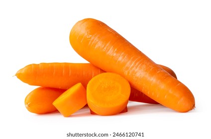 Front view and side view of fresh beautiful orange carrots with slices or pieces in stack is isolated on white background with clipping path. - Powered by Shutterstock