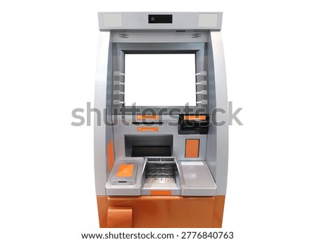 The front view of a silver and orange ATM is shown separately against a white background.