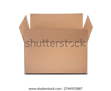 A front view of a single open empty brown cardboard box isolated on a white background.