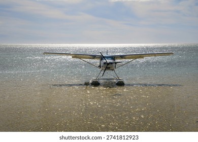 Front view of a single-engine seaplane floating on clear sea water near a beach in Mauritius, Africa, with sunlight reflecting on the ocean surface and a distant horizon.