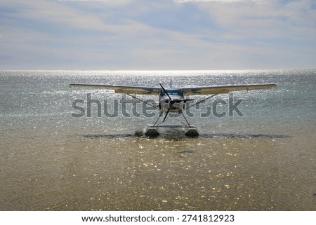 Front view of a single-engine seaplane floating on clear sea water near a beach in Mauritius, Africa, with sunlight reflecting on the ocean surface and a distant horizon.