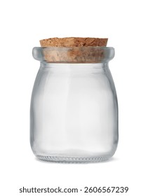 Front view of small empty glass jar with cork stopper isolated on white