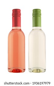 front view of small single serve miniature rose and white wine bottles with no label and colored metallic screw cap isolated on white background