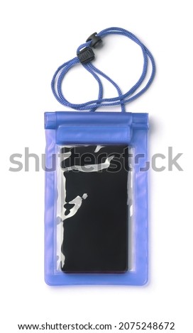 Front view of smartphone in blue plastic waterproof dry pouch isolated on white