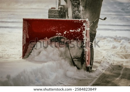 front view of a snowblower in action after a storm with snow churning in impeller blade. winter season weather background design element.