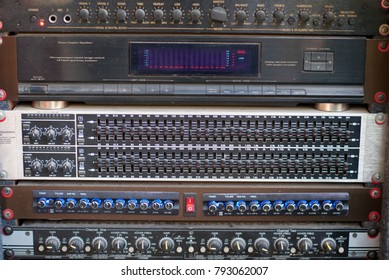 Front view of sound mixer, controller, amplifier, effects also input and output manager