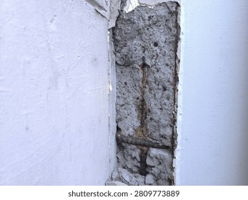 Front View Spalling Concrete Column Corroded Steel Rebar Exposed Industrial Material