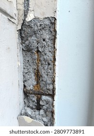 Front View Spalling Concrete Column Corroded Steel Rebar Exposed Industrial Material