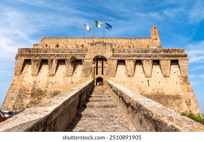 Front view of Spanish Fortress, coastal fortification built in late 16th century in Porto Santo Stefano, along Monte Argentario coast, province of Grosseto, Tuscany region, Italy - Powered by Shutterstock