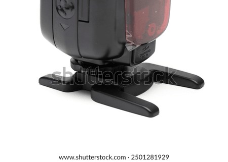 front view of speedlight or flash stand. attached to a speedlight. Isolated in white background.