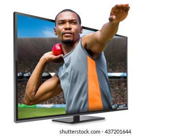 Front view of sportsman practising shot put against digital image of a stadium - Powered by Shutterstock