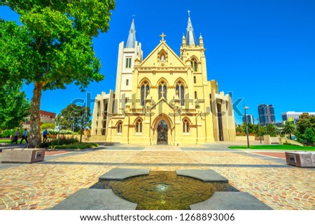 Front view of St Mary's Cathedral in Perth, Western Australia. Cathedral of the Immaculate Conception of the Blessed Virgin Mary with sunny and blue sky.
