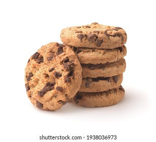 Front view of stacked chocolate chip cookies isolated on white