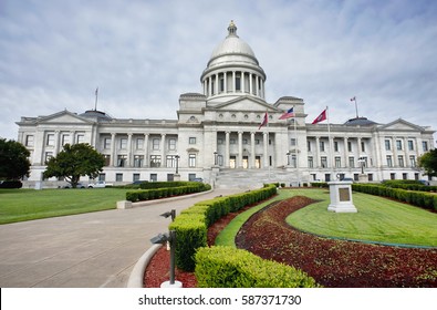 Front view of the State Capital of Arkansas, in Little Rock Arkansas.
