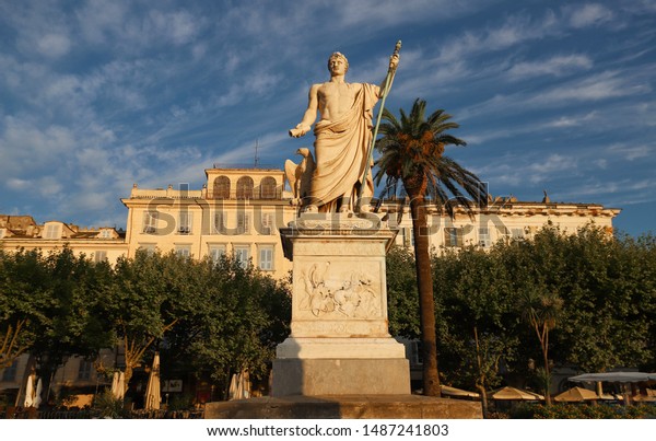 The front view of the
statue of Napoleon in roman costume on Place St. Nicolas, Bastia,
Corsica, France