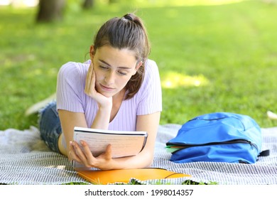 Front View Of A Student Studying Reading Notes In A Campus