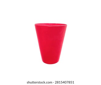 Front view studio shot of an empty reusable red plastic cup essential for party events isolated on clean white background