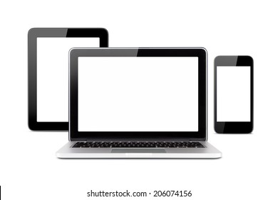 Front View Of Technology Devices, Tablet, Laptop And Smart Phone With Blank, Empty Screens, Isolated On White Background.