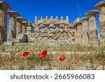 Front view of Temple of Hera (Temple E) in Selinunte, ancient Greek city on Sicily island, Italy