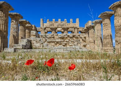 Front view of Temple of Hera (Temple E) in Selinunte, ancient Greek city on Sicily island, Italy