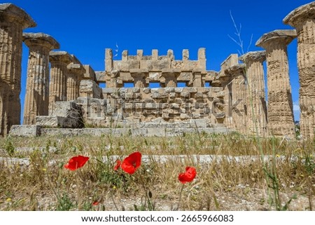 Front view of Temple of Hera (Temple E) in Selinunte, ancient Greek city on Sicily island, Italy