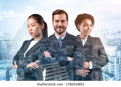 Front view of three successful smiling business consultants standing in a row in suits and crossed arms pose. Bangkok cityscape. Multinational corporate team. Double exposure.