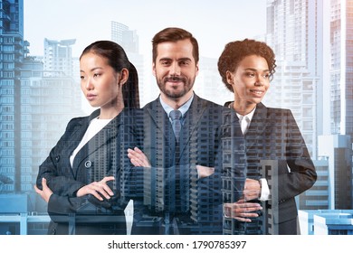 Front view of three successful smiling business consultants standing in a row in suits and crossed arms pose. Bangkok cityscape. Multinational corporate team. Double exposure.