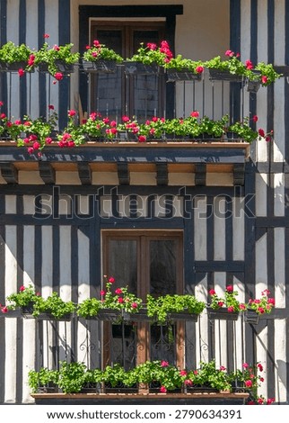 | Front view of timber framed facade decorated with colorful flower boxes in traditional village architecture of La Alberca Salamanca Spain