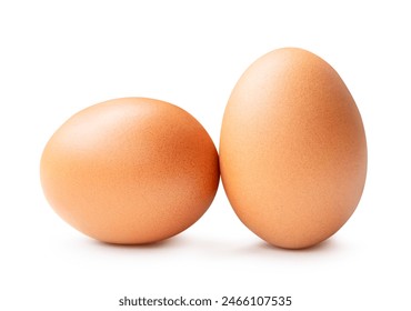 Front view of two brown chicken eggs is isolated on white background with clipping path.