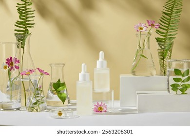 A front view of two dropper bottles set in the middle of a glass podium, nearby some laboratory glassware containing fern fronds, green teas, and chamomile branches. Positioned on a yellow backdrop.