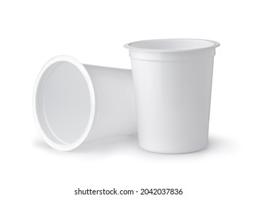 Front view of two empty disposable packaging dairy plastic cups isolated on white  