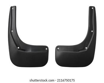 Front view of two new black car mudguard isolated on white