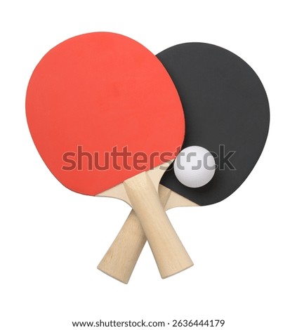 Front view of two Ping pong rackets and ball isolated on white