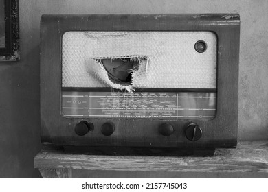 Front View Of A Vintage Retro Radio With Broken Speaker