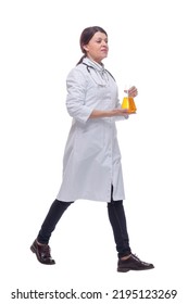 Front View Of Walking Female Scientist With Beaker