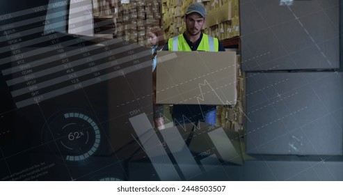 Front view of a warehouse worker loading packages in the back of a delivery van. Behind him is a manager passing him the packages. Digital image of graphs and statistics are running in the foreground