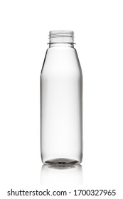 Front View Of Water Bottle Uncapped. Transparent Plastic Juice Bottle No Label White Background, Isolated, Mockup, No Cap