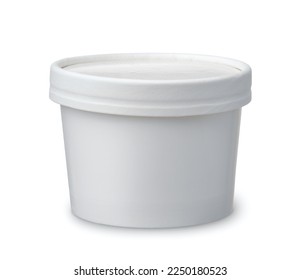 Front view of white disposable paper cup with paper lid isolated on white