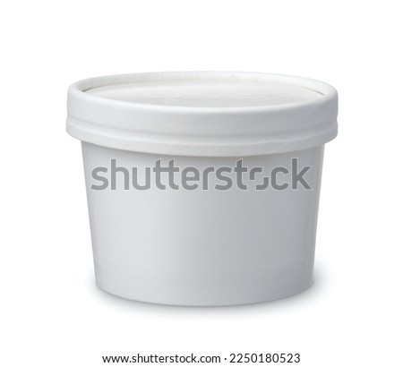Front view of white disposable paper cup with paper lid isolated on white