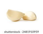 Front view of white peeled garlic cloves is isolated on white background with clipping path.