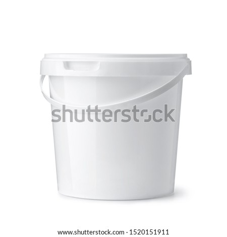 Front view of white plastic food bucket isolated on white