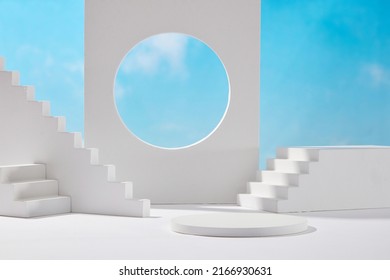 Front view of white podium and stairway with blank space in blue cloudy sky background abstract content