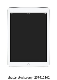 Front View Of White Tablet Computer With Blank Screen Mockup Isolated On White Background.