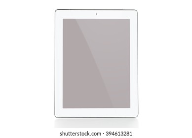 Front View Of White Tablet Computer With Blank Screen Mockup Isolated On White Background.