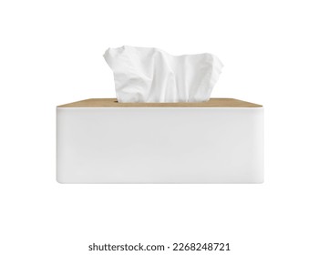 front view white tissue box with wood grain isolated on white background