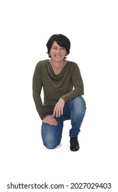 Front View Of A Woman Crouching On White Background